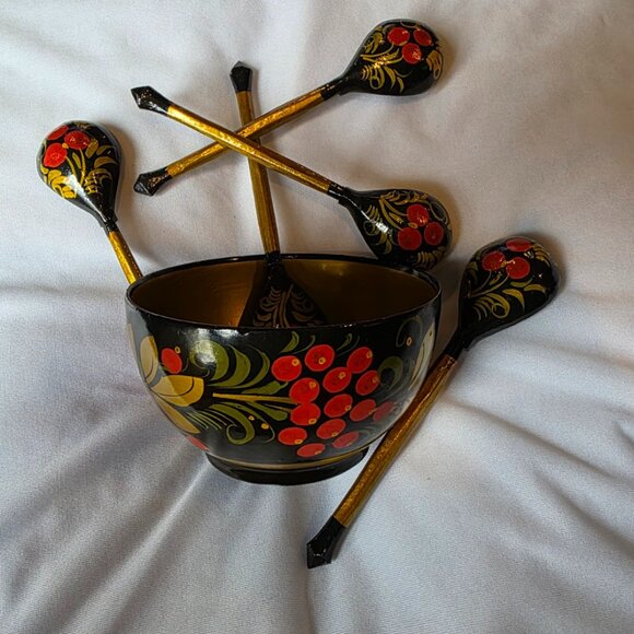 Other - Khokhloma Wooden Bowl 6 Spoons Russian Traditional Collectible